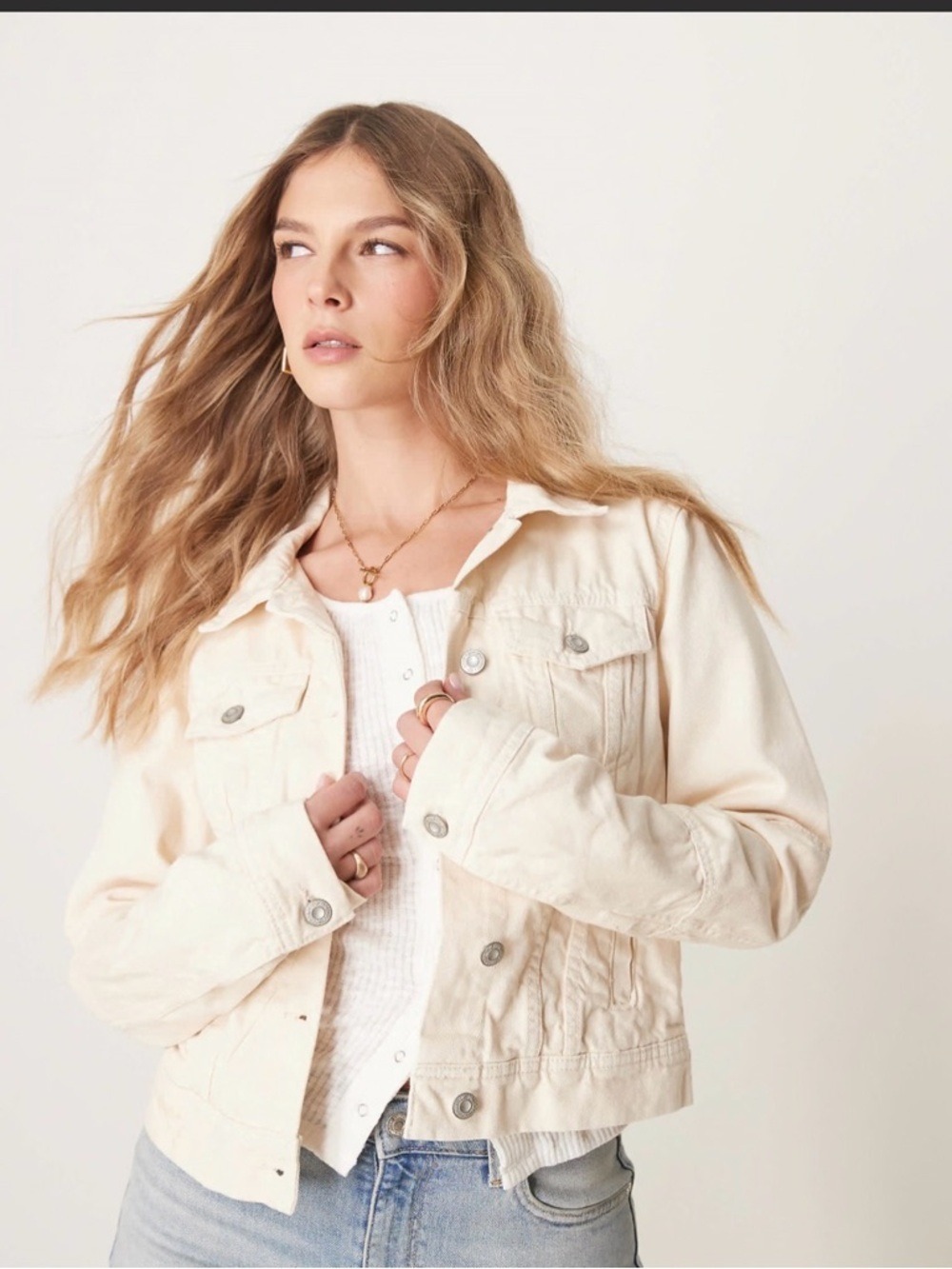 Free People Rumors Cotton Ecru Cream Button-Front Denim Jacket Size S Festival